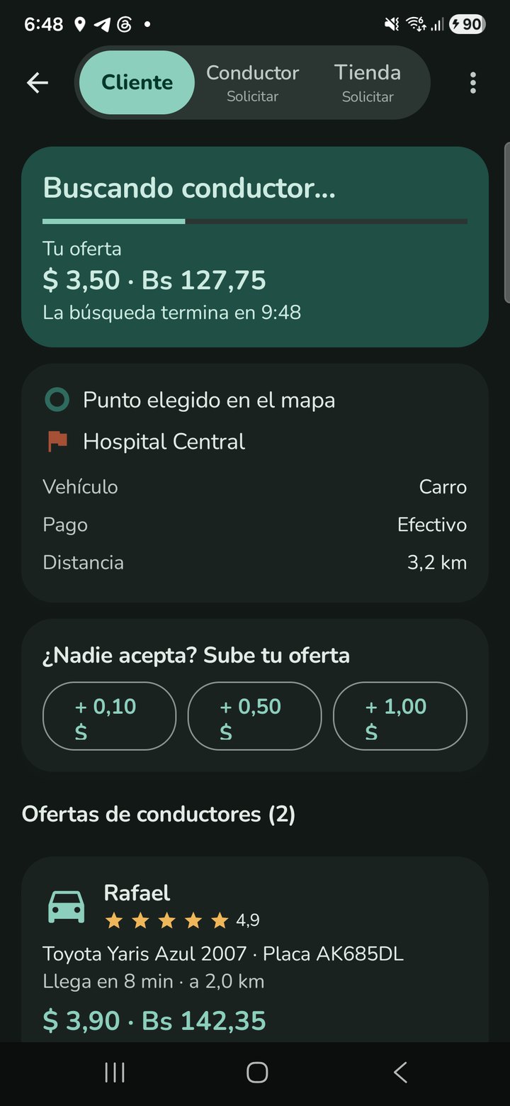 Pantalla con dos ofertas de conductores, cada una con su carro, placa, tiempo de llegada y precio