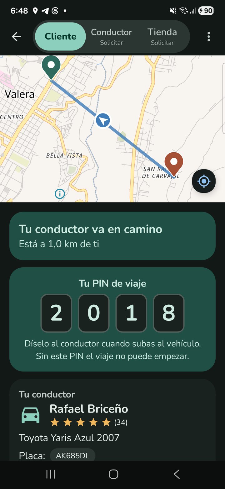 Pantalla con el mapa, el taxista en camino y el PIN de viaje
