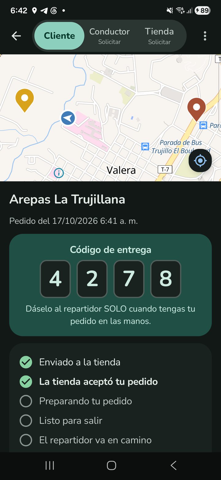 Pantalla de seguimiento del pedido con el código de entrega y los pasos del pedido