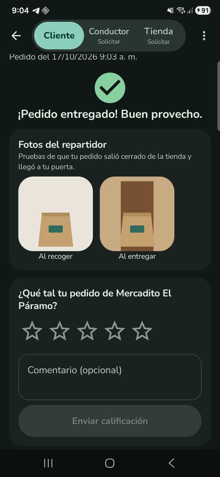 Pantalla de pedido entregado con las fotos del repartidor al recoger y al entregar