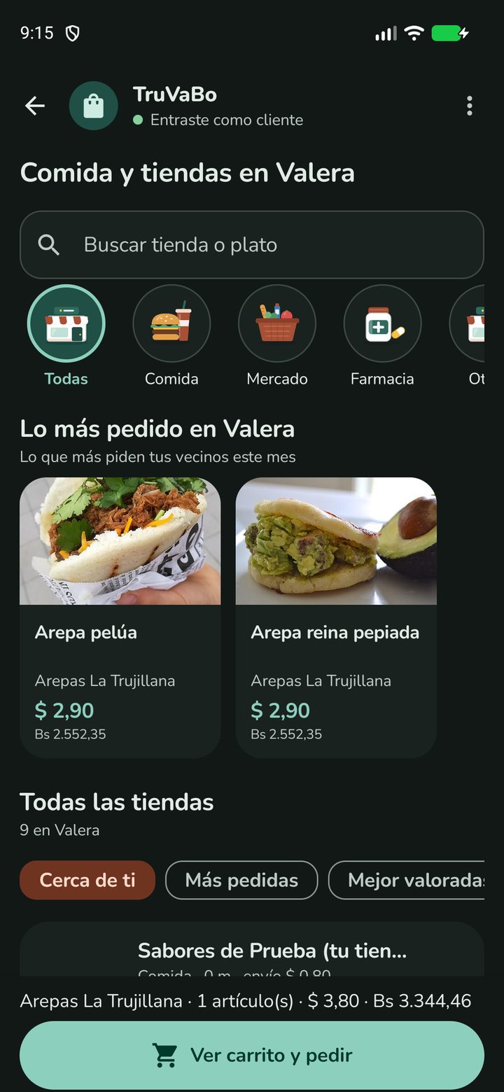 Pantalla de comida y tiendas en Valera: buscador, categorías, lo más pedido con fotos de los platos y la lista de tiendas