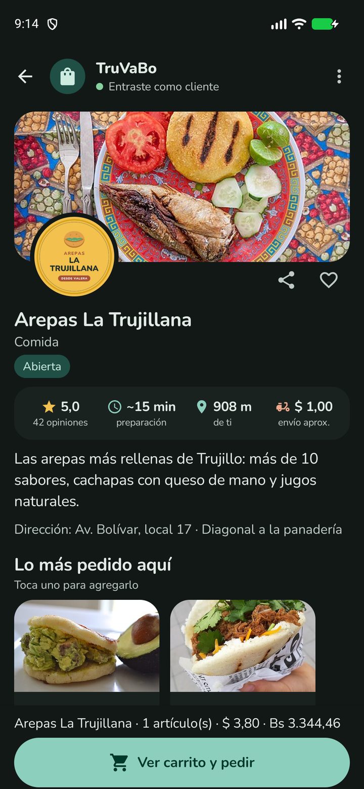 Página de la tienda Arepas La Trujillana con su portada, su logo, calificación, tiempo de preparación, distancia y envío