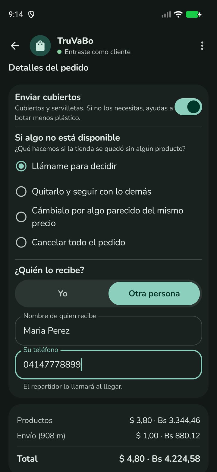 Detalles del pedido: enviar cubiertos, qué hacer si algo no está disponible y otra persona que recibe, con el total en dólares y bolívares