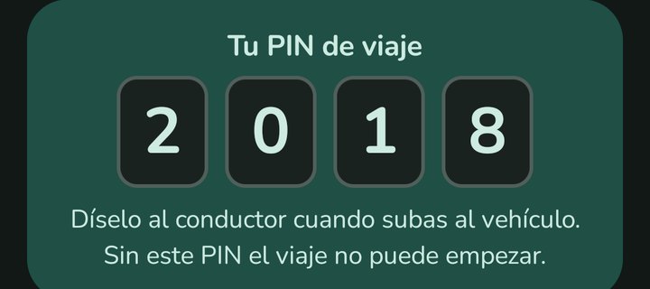 Tarjeta de la app con el PIN de viaje 2018 en cuatro casillas