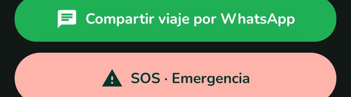 Botones de la app para compartir el viaje por WhatsApp y SOS de emergencia